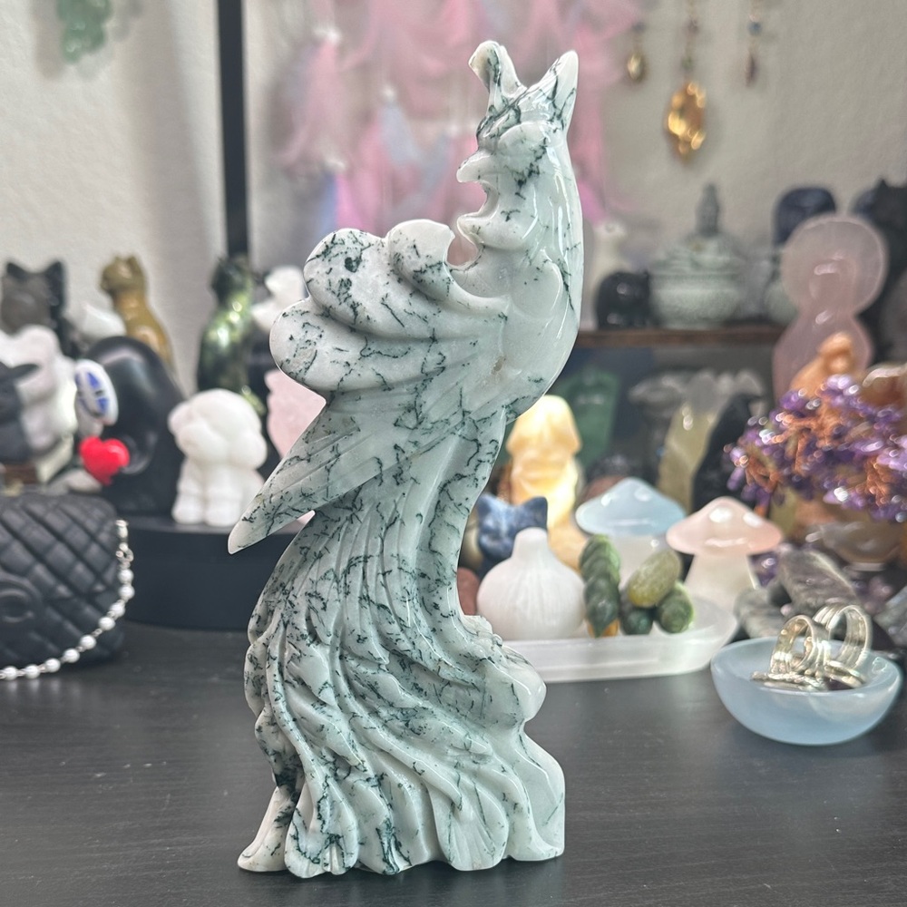 Moss Agate Phoenix Sculpture - Picture 5 of 6